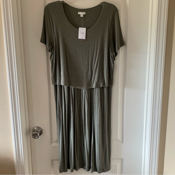 New J. Jill layered jersey knit button back dress english moss with pockets - Picture 4 of 10